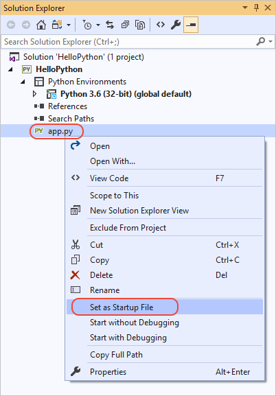 显示如何在 Visual Studio 2019 的解决方案资源管理器中为项目设置启动文件的屏幕截图。