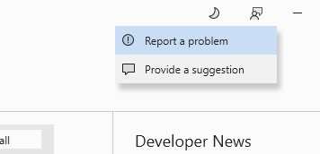 屏幕截图显示在 Visual Studio 安装程序右上角已选中“反馈”图标，并且在下文菜单中选中了“报告问题”。
