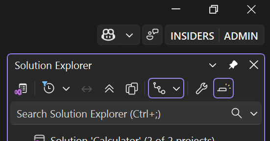 Visual Studio 右上角显示 ADMIN 的屏幕截图。