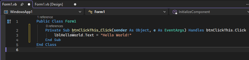 屏幕截图显示 Form1.vs 选项卡中的类，可在其中添加 Visual Basic 代码。