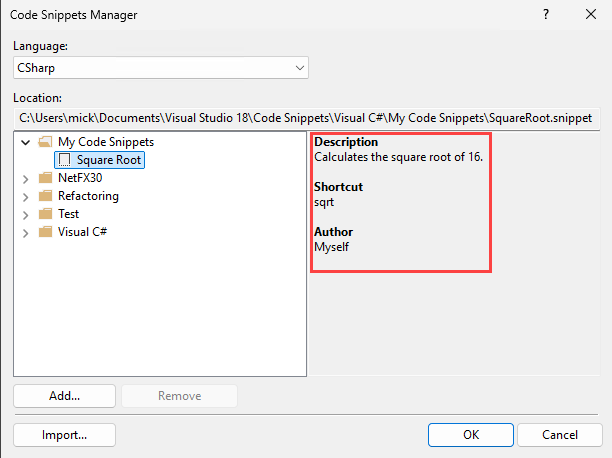 显示代码片段管理器中的代码片段说明的屏幕截图。
