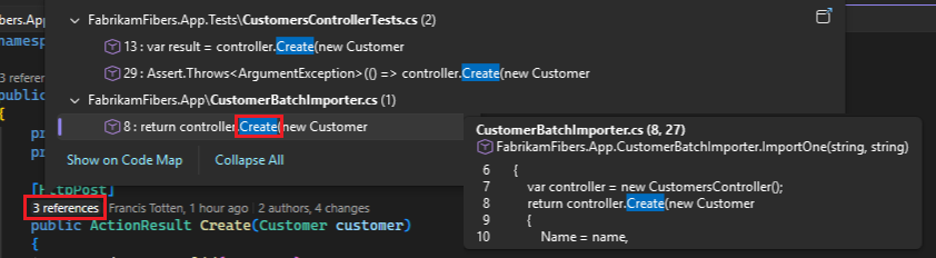 截图 显示了如何使用 CodeLens - 查看引用以在 Visual Studio 中查看具有引用的文件。