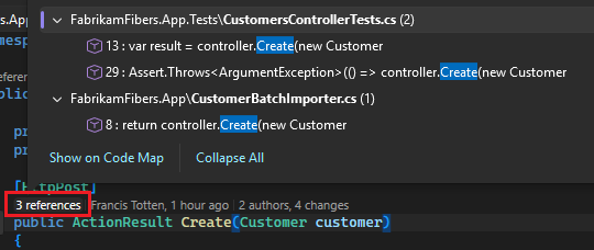 屏幕截图显示如何在 Visual Studio 中选择 CodeLens 引用选项。