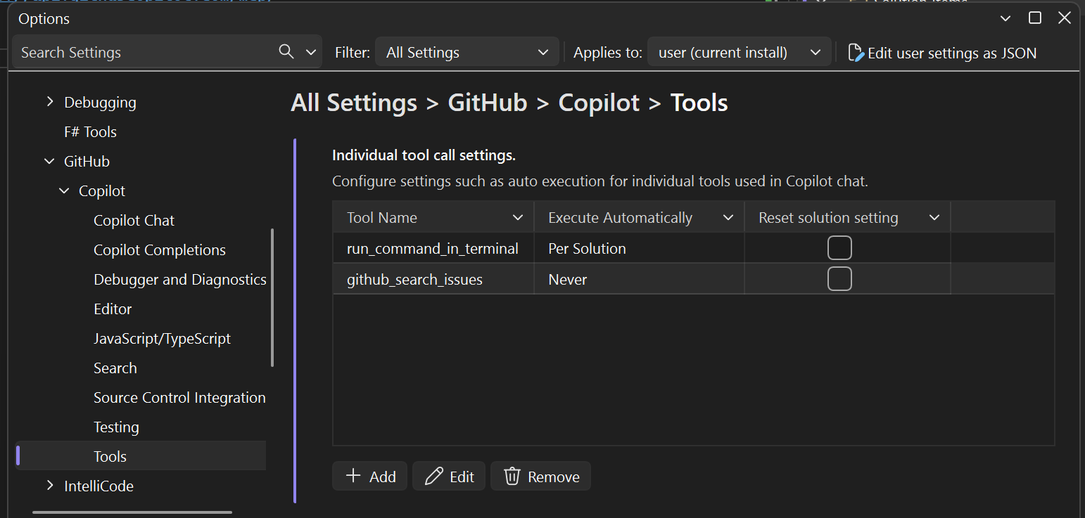 Visual Studio中GitHub Copilot工具配置设置的屏幕截图。