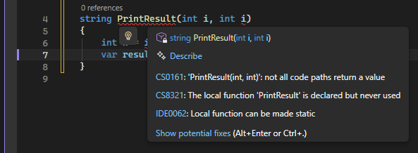 的屏幕截图，展示了 Visual Studio 中的基本快速操作建议和灯泡图标。