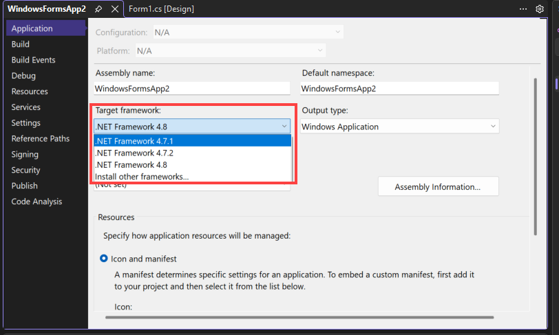 突出显示了 .NET Framework 选项的“项目属性”对话框的屏幕截图。