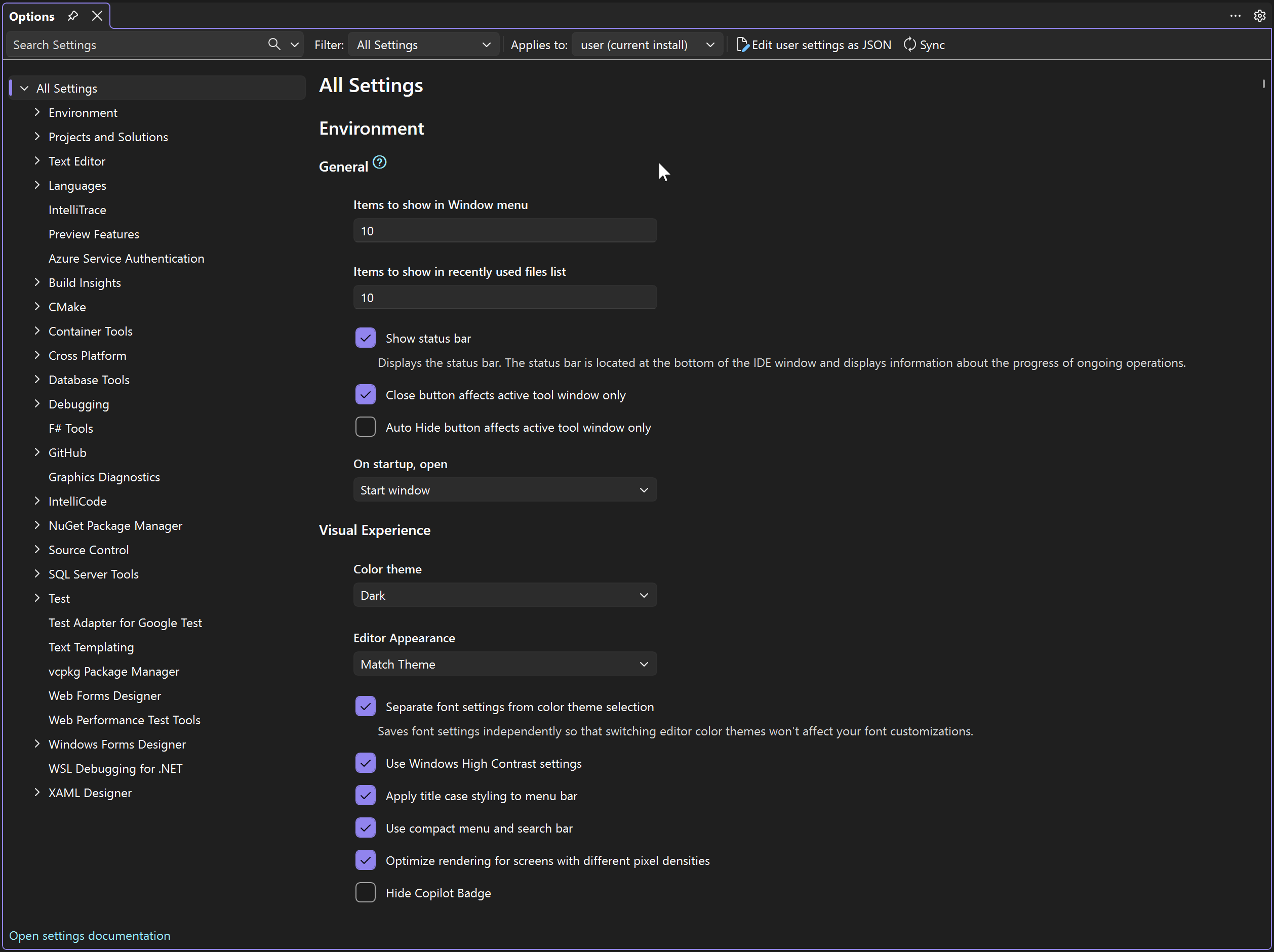 Visual Studio 设置体验的屏幕截图。
