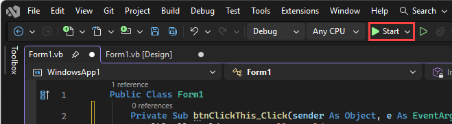 屏幕截图显示运行应用的“开始”按钮。