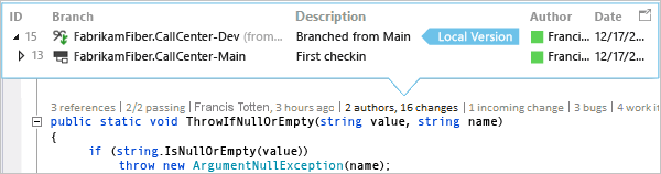 屏幕截图显示了如何在 Visual Studio 2019 中使用 CodeLens 发现何时对代码进行了分支。