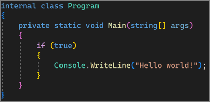 Visual Studio 中大括号对着色的示例的屏幕截图。