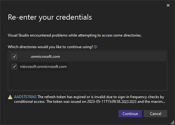 重新验证 Visual Studio 帐户。