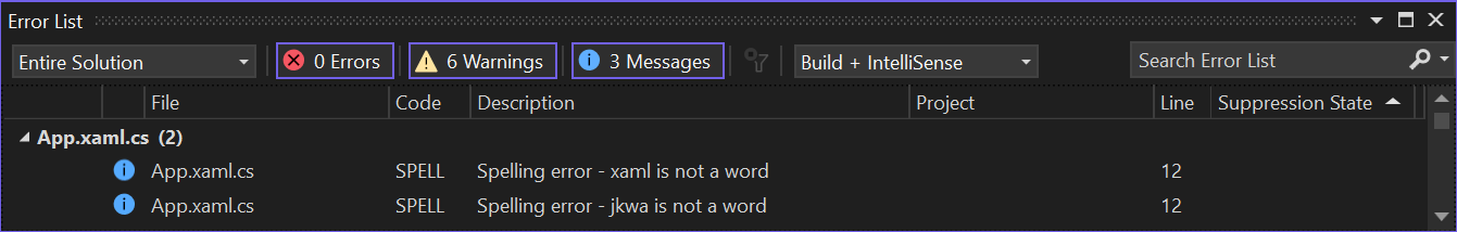 错误列表中的拼写错误的示例的屏幕截图。