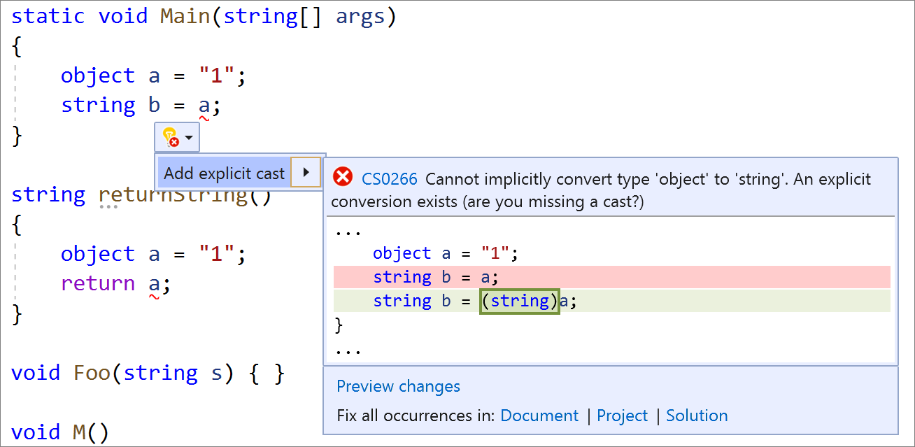 在 Visual Studio 中添加显式强制转换快速作