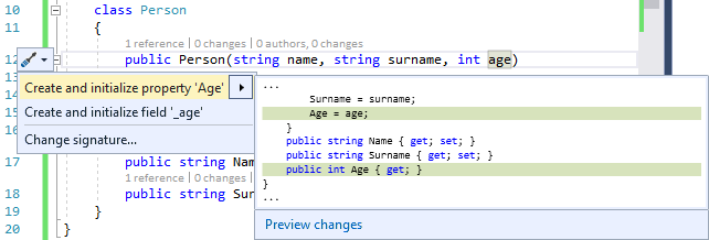 Screenshot of the Create and initialize property Age option.