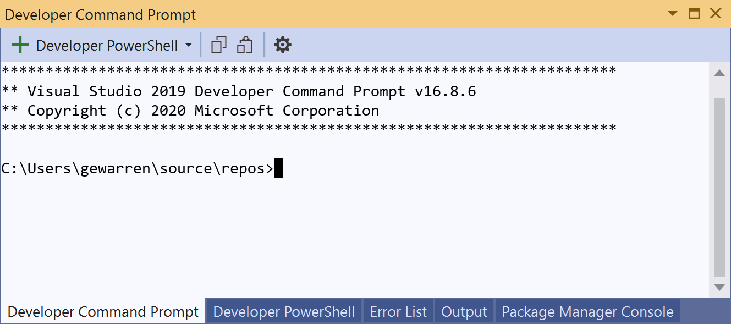 显示多个选项卡的 Visual Studio 终端的屏幕截图。