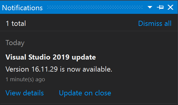 显示 Visual Studio 2019 中的通知中心的屏幕截图。