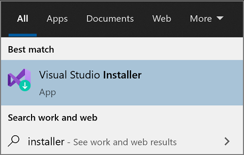 显示“开始”菜单搜索Visual Studio 安装程序结果的屏幕截图。