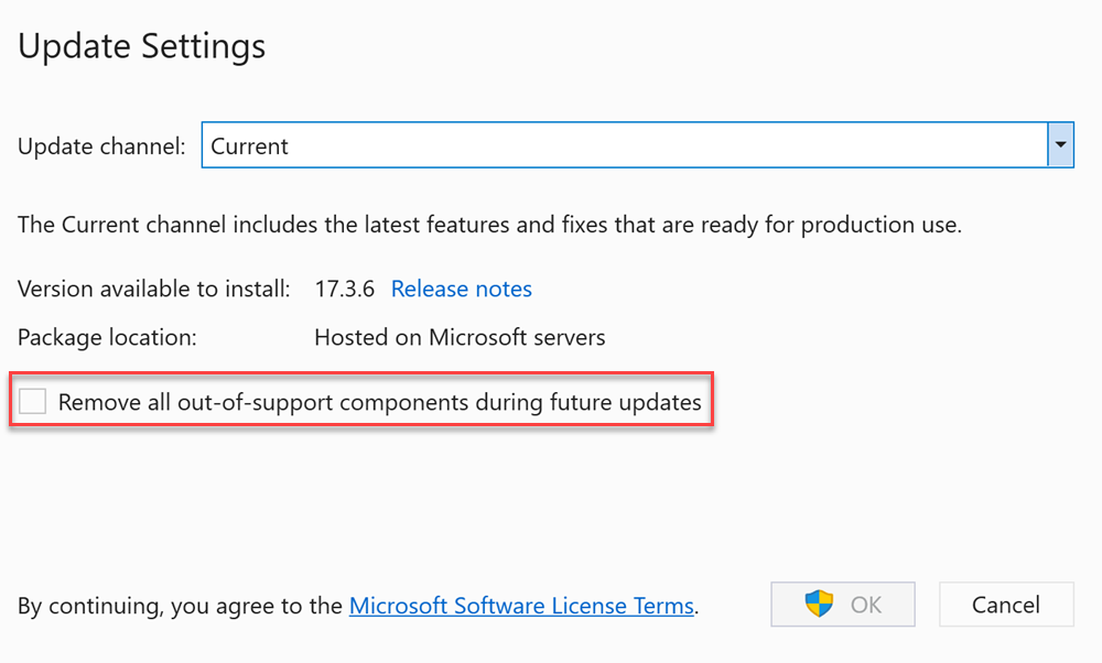 “更新设置”对话框中“在将来更新期间删除所有不支持的组件”选项的屏幕截图。