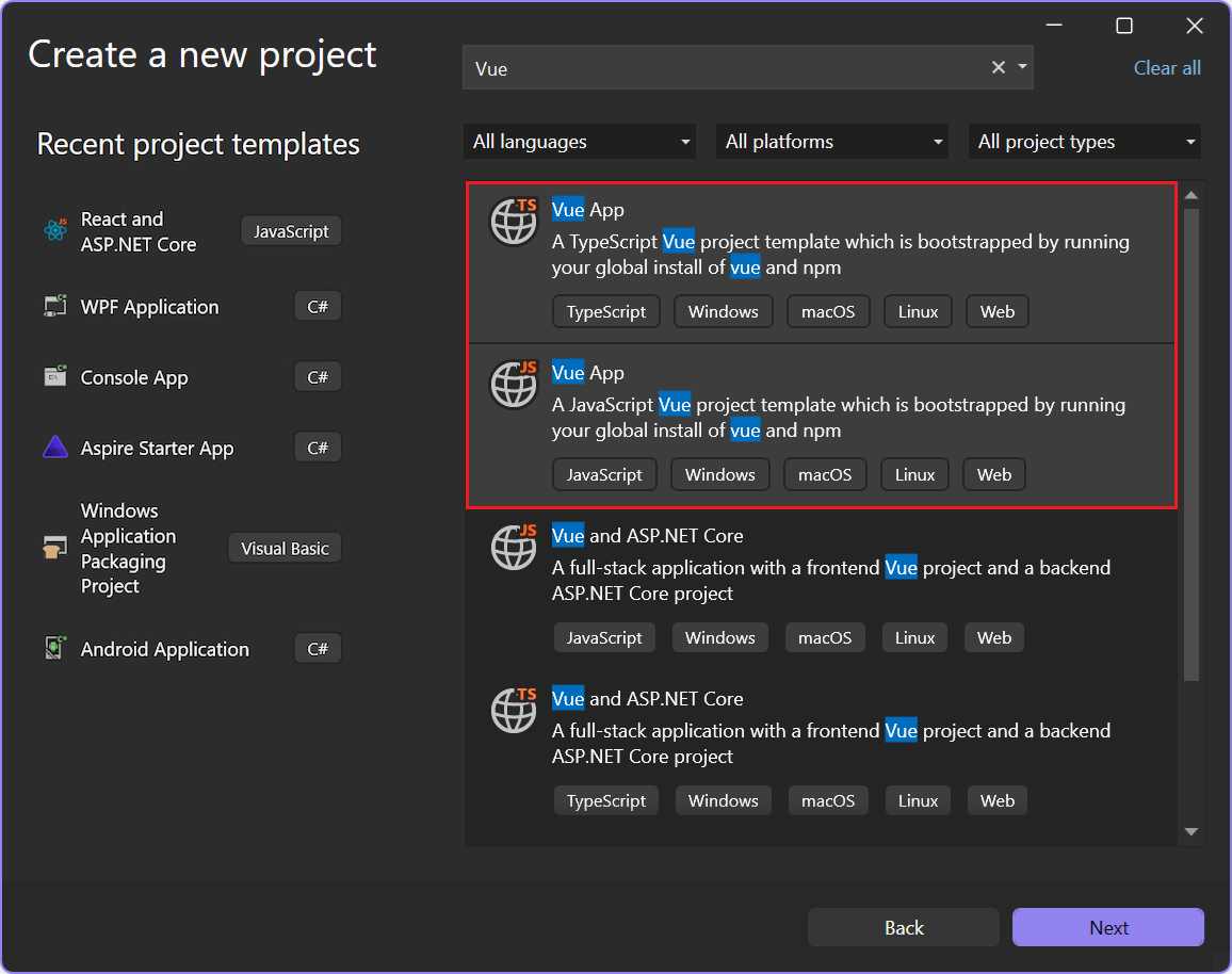 显示如何为 JavaScript 或 TypeScript 选择 Vue 模板的屏幕截图。