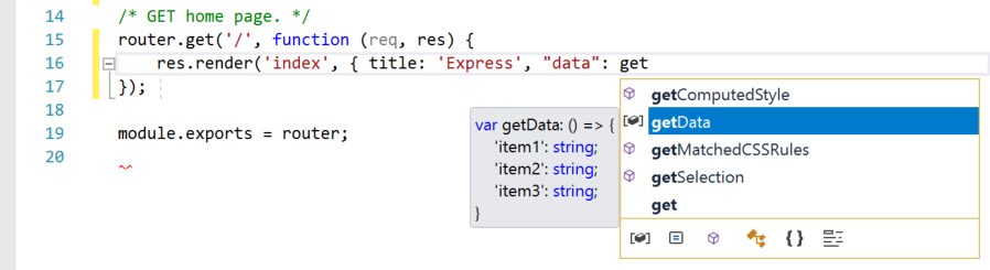 Visual Studio 代码窗口的屏幕截图,其中输入了“get”一词。对于以“get”开头的所有函数,将显示 IntelliSense 信息。