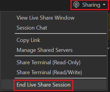 Screenshot that shows selecting Sharing, then selecting End Live Share Session from the drop-down.