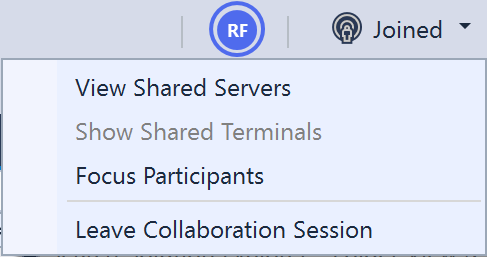 Screenshot that shows the Visual Studio Live Share menu when joined in a collaboration session.