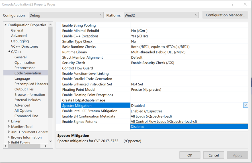 Disable Spectre mitigations in the IDE