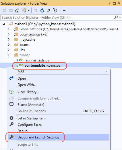 显示如何在 Visual Studio 的解决方案资源管理器中为选定文件选择“调试和启动设置”选项的屏幕截图。