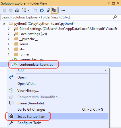显示如何在 Visual Studio 的解决方案资源管理器中将 estate koans Python 文件设置为启动项的屏幕截图。