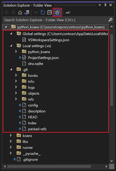 显示如何在 Visual Studio 2022 的解决方案资源管理器中查看隐藏文件夹和文件的屏幕截图。