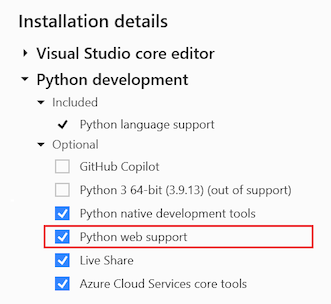 显示如何在 Visual Studio 安装程序中选择适用于 Python 开发工作的 Python Web 支持的屏幕截图。