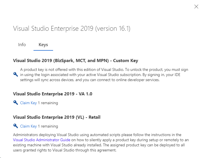Visual Studio 2019 product keys