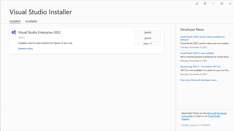 “Visual Studio 安装程序”窗格的屏幕截图，其中列出了已安装的一个或多个版本。