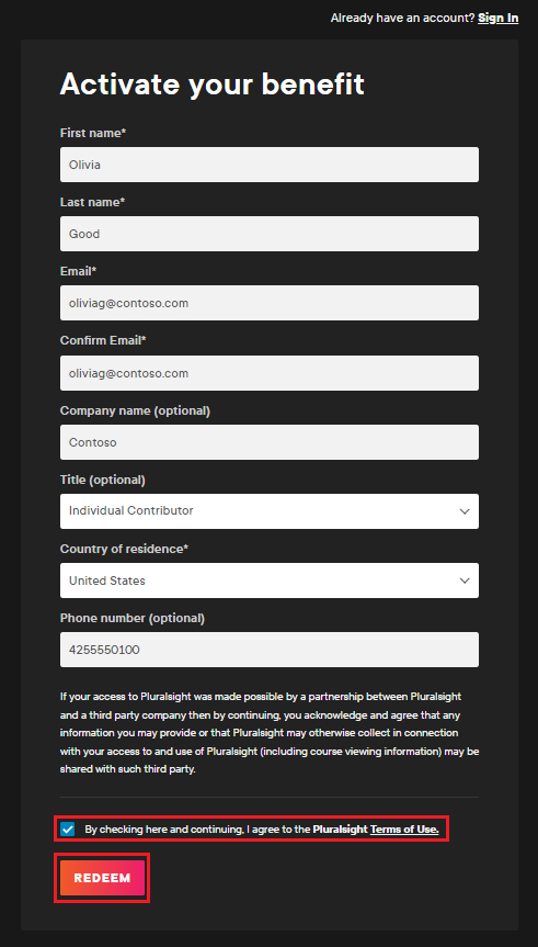 Screenshot of the Pluralsight registration form, with the terms of use checkbox selected and the Redeem button highlighted.