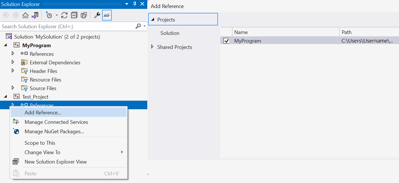 屏幕截图显示了 Visual Studio 2019 中的“添加引用”对话框。