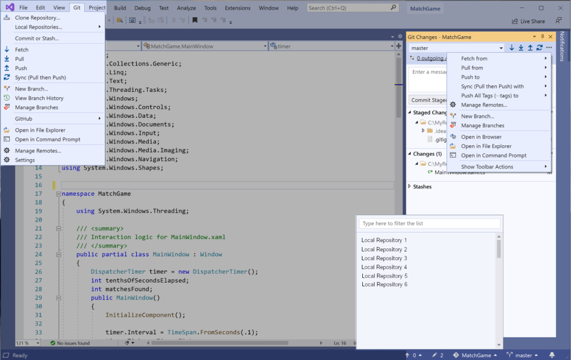 Visual Studio IDE，显示了解决方案资源管理器中的 Git 菜单和“Git 更改”选项卡。
