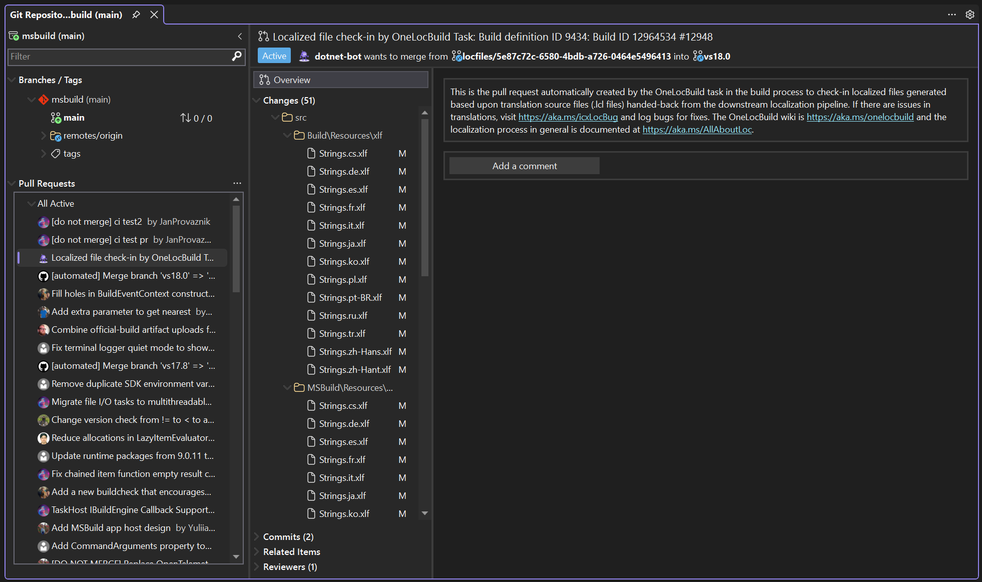 Visual Studio 中的 Git 存储库窗口的屏幕截图，左侧窗格中显示“分支”或“标记”以及“拉取请求”，主窗格中显示拉取请求详细信息。