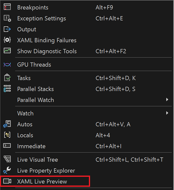 Screenshot of the XAML Live Preview option from the Debug menu bar.