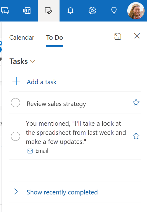 Outlook 中“我的一天”窗格的“To Do”选项卡的屏幕截图。