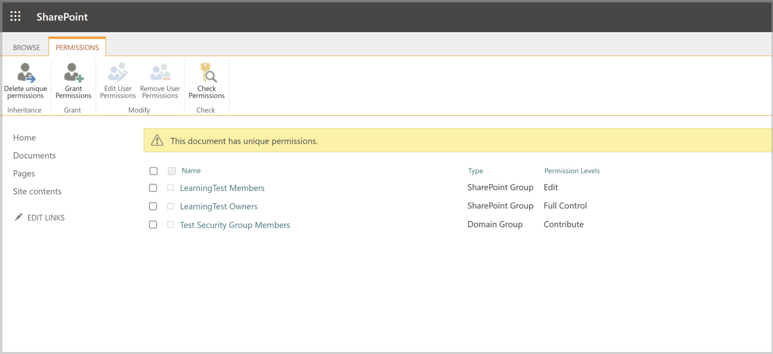 SharePoint 权限页面的图像，该页面在“type”列中将“域组”显示为属性。