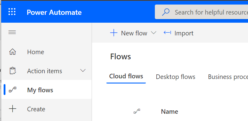 The Flows page from which the user can select the Import option