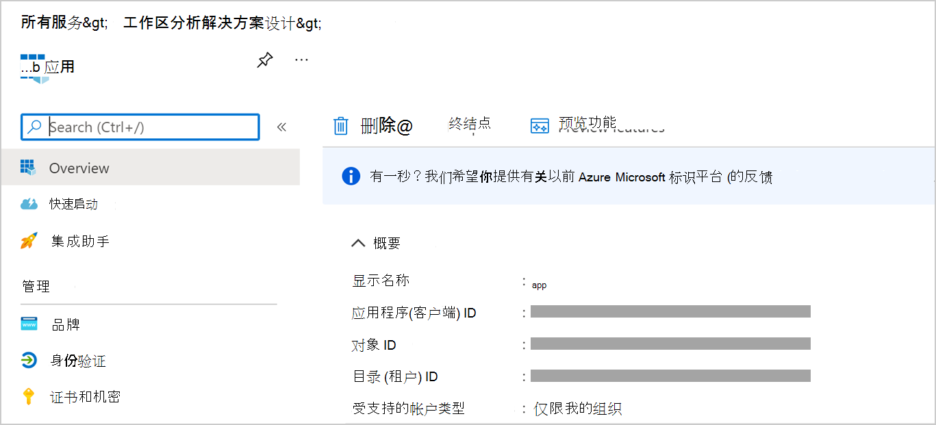 显示应用屏幕的屏幕截图,其中包含应用程序 (客户端) ID。