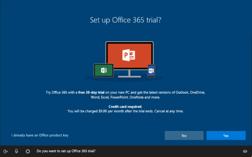 Set up Office 365 - trial screen in OOBE