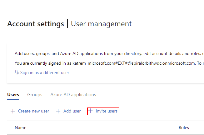 Screenshot that shows the user management page. The link to invite users is selected.