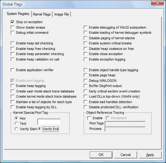 screen shot of the system registry tab in windows vista.