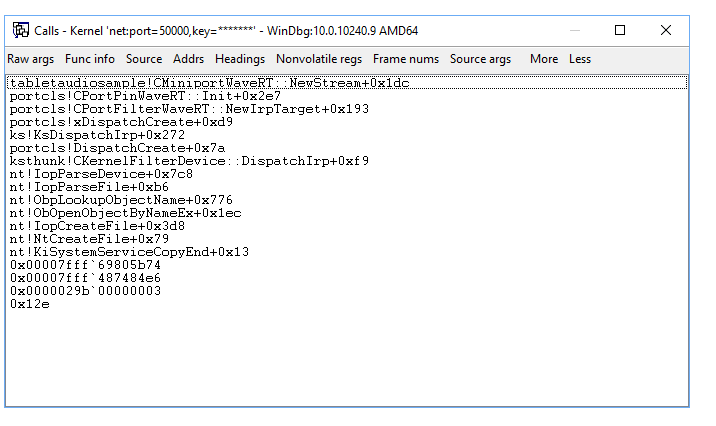 显示调用堆栈窗口的 WinDbg 界面。