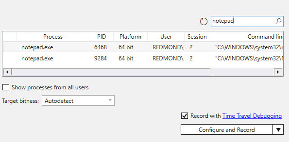 WinDbg 中进程记录菜单的屏幕截图，其中选择了记事本进程进行录制。