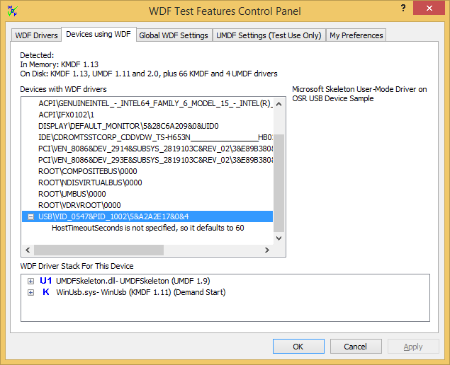 WDF 验证程序中“使用 WDF 的设备”选项卡的屏幕截图。