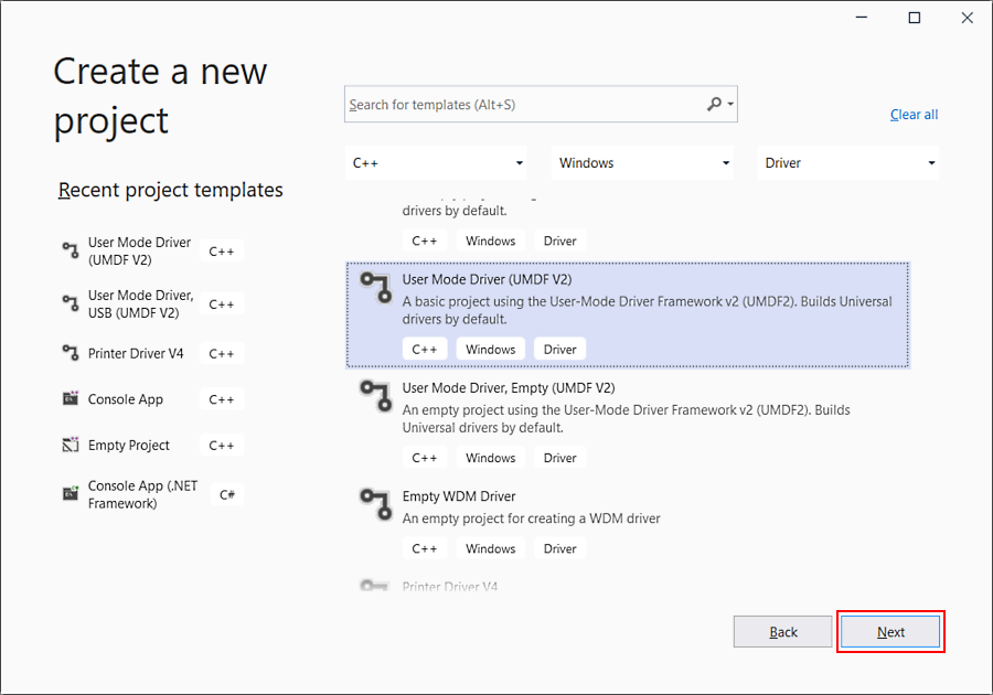 “新建项目”对话框的屏幕截图，其中显示选中的用户模式驱动程序。