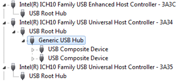显示 Windows 设备管理器中选择的通用 USB 集线器的屏幕截图。